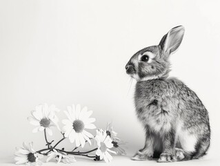 An adorable bunny sitting next to a bunch of daisies.