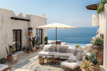 Fototapeta premium Cozy terrace with white furniture and ocean view, creating a serene and inviting outdoor retreat.
