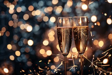 Festive new years eve celebration close up of sparkling sparkles against blurred background with champagne glasses