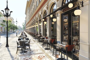Scenic street with outdoor cafes and historic architecture, creating a charming and inviting urban space.