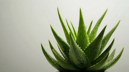 Fototapeta premium Vibrant green Aloe Vera plant on a neutral background. The succulent leaves are known for their medicinal properties and natural beauty, making it perfect for health and botanical themes.