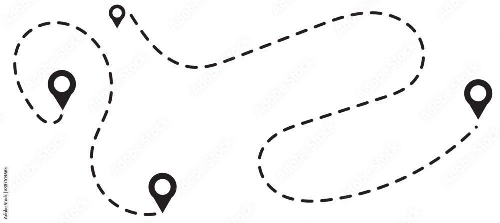 Poster route icon between two points with dotted path and location pin. location pointer continuous one lin