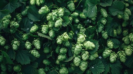 Close-up image of hops growing on plants, with green leaves and bright yellow flowers ready for harvest.
