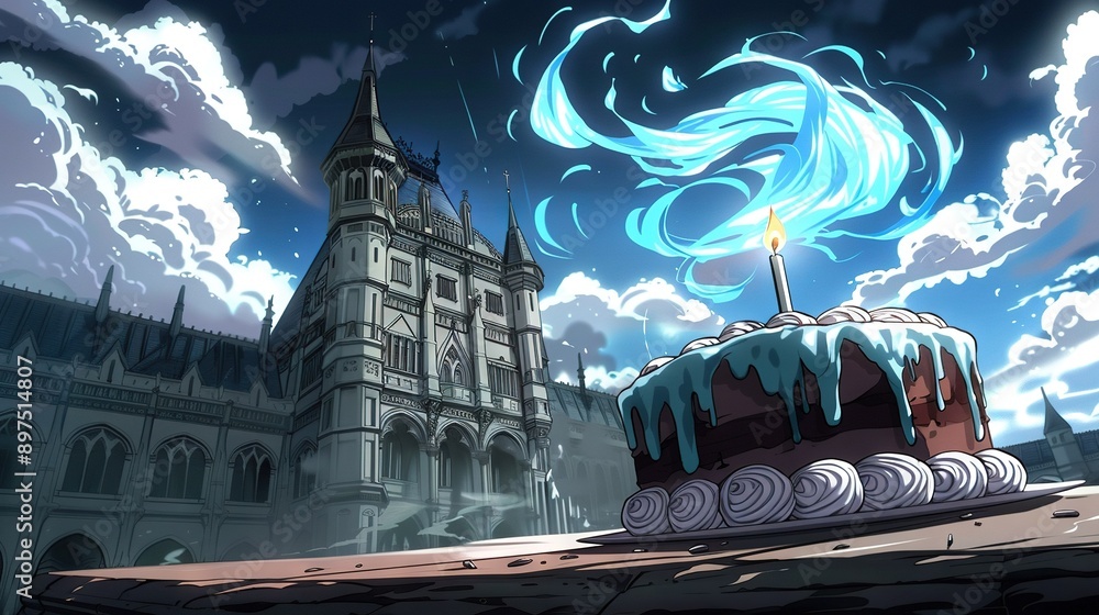 Poster a cake with a candle on top in front of a castle with clouds in the sky
