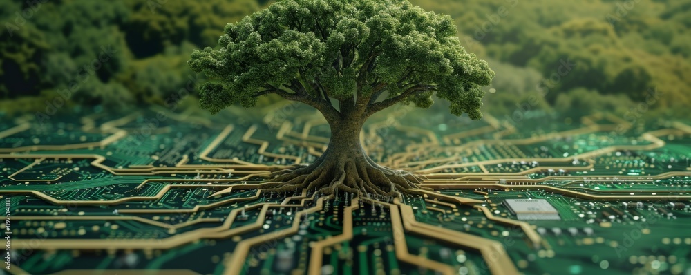 Poster tree on circuit board, nature and technology concept
