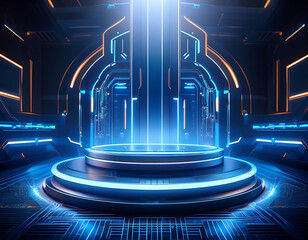  Podium Background Tech Light- A futuristic, tech-themed podium with a glowing 3D stage. Ide_1(335)