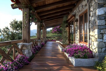 Charming rustic porch with wooden walkway and floral decorations, creating an inviting and cozy entrance.