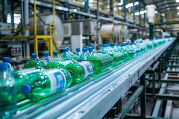 Fototapeta premium Factory production line with conveyor belt full of plastic bottles