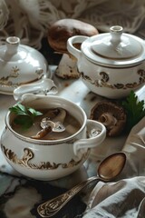 Fototapeta premium A charming porcelain tea set with intricate designs, featuring elegant teacups and saucers. A cozy mushroom soup is served in a decorated bowl, garnished with fresh herbs such as mint leaves.