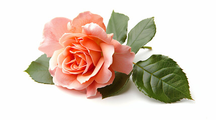 Naklejka premium Delicate peach rose with soft petals and lush green leaves displayed against a white background.