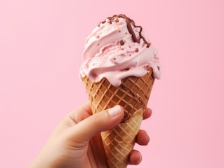 Hand holding chocolate and pink ice cream cone.
