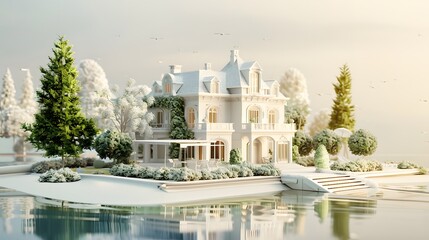 Obraz premium White Mansion on a Snowy Lake in a Winter Wonderland
