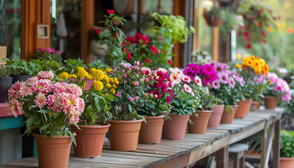 Many different potted flowers on wooden tables outdoors