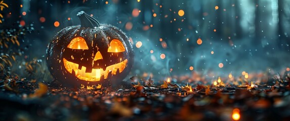 Fototapeta premium A pumpkin with a smiley face on it is sitting on the ground in a forest