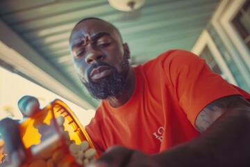 A man showing frustration towards a bottle of pills, possibly dealing with health concerns or medication side effects.