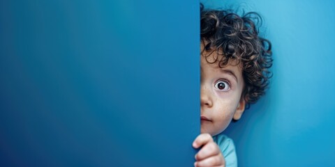 Baby peeking from behind blue backdrop with surprised expression.