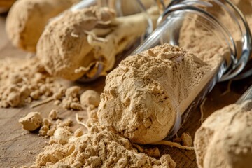 Fototapeta premium Peruvian ginseng maca lepidium mayenii dried root powder superfood supplement