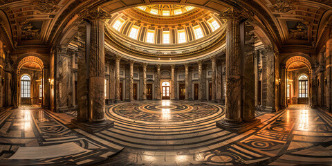 Obraz premium Rotunda of Democracy: A grand circular room, adorned with American flags and statues of Founding Fathers.