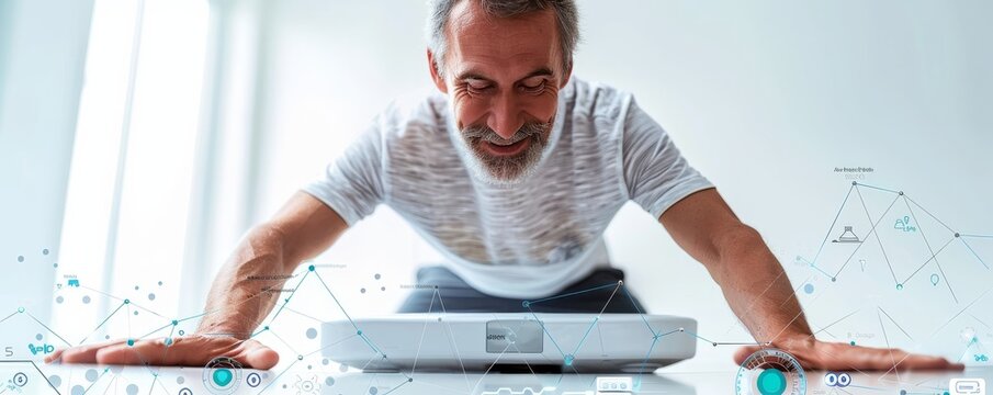 Middle-aged man working on a digital interface hologram display