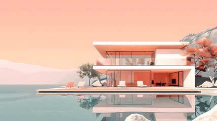 Obraz premium Modern Minimalist House with Swimming Pool and Ocean View