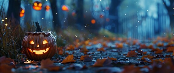 Obraz premium A pumpkin with a smiley face on it is sitting on a path covered in autumn leaves