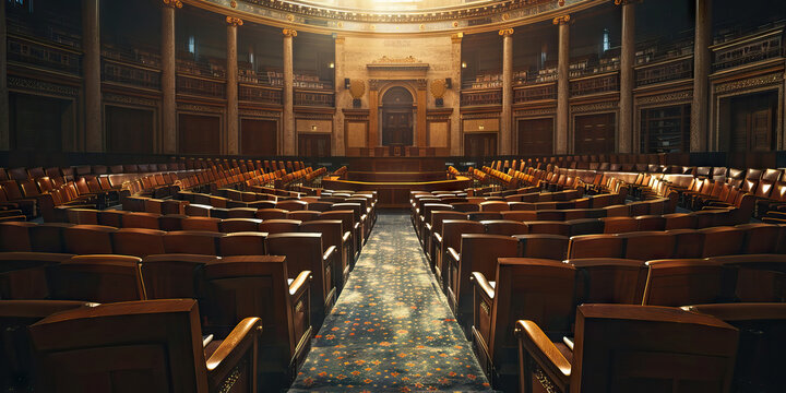 Congressional Chamber: A large legislative hall, filled with rows of wooden chairs and a dais at the front, where lawmakers debate and pass laws.