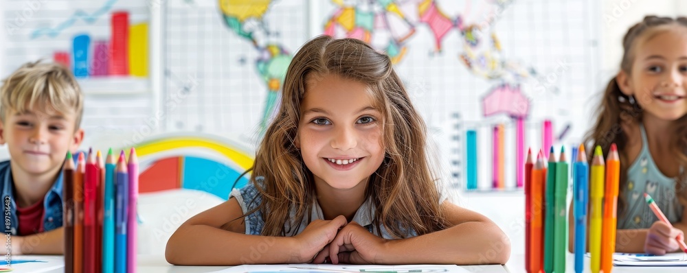 Poster smiling children with colorful pencils in a cheerful classroom setting