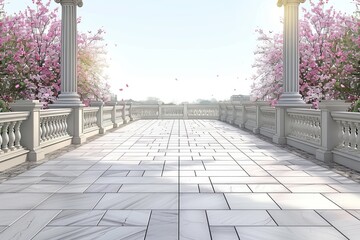 Fototapeta premium Scenic pathway with cherry blossom trees, creating a serene and picturesque outdoor walkway.