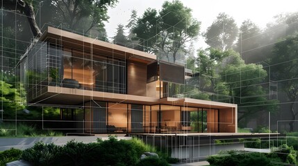 Modern House in a Forest Setting with Wireframe Overlay