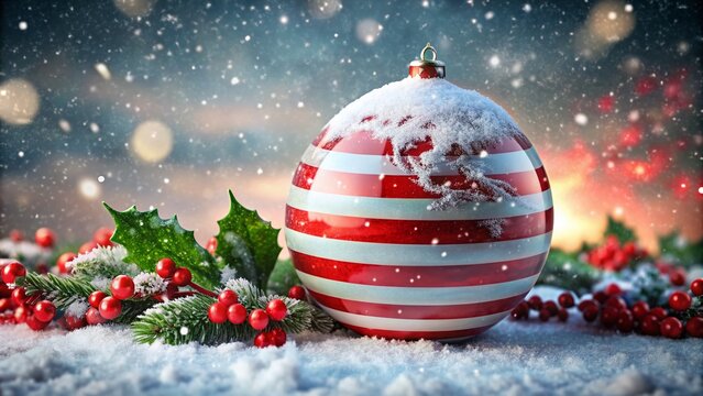 Snow-capped red and white striped globe ornament surrounded by snowflakes and festive holly, evoking the magical and icy atmosphere of the North Pole. - Powered by Adobe