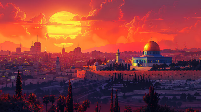 stunning view of Jerusalem at sunset, with the Al-Aqsa Mosque and old city in the background