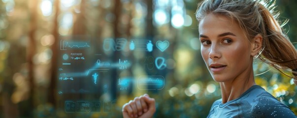 Female athlete tracking fitness data during outdoor run in forest