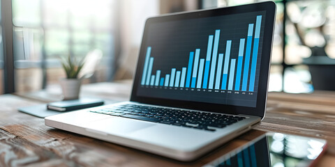 Close up of laptop with candlestick forex chart on screen placed on wooden office desk with coffee cup books and vase Window with city view Trade finance and growing market concept 3D Rendering, AI
