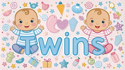 Twins Illustration: Playful Kids Background with Two Infants Playing