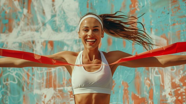 Female runner celebrating at the finish line, bright outdoor backdrop, dynamic and victorious.

