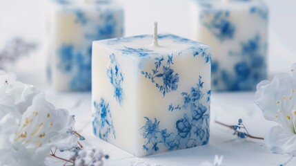 Handmade soy wax candle in bubble cube shape with blue floral design High quality photo on white background
