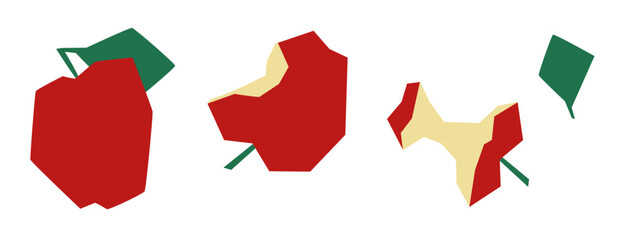 Red apple with leaf. Bitten apple. Apple core. Stylization. Set of vector illustrations, isolated objects on white background