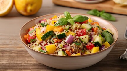 Bowl of quinoa salad with roasted vegetables and a lemon vinaigrette