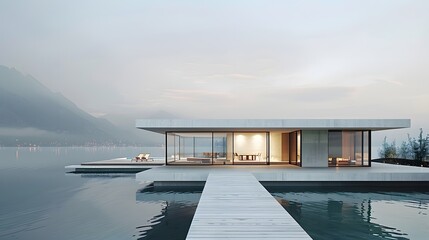 Modern Minimalist House on Lake with Mountain View