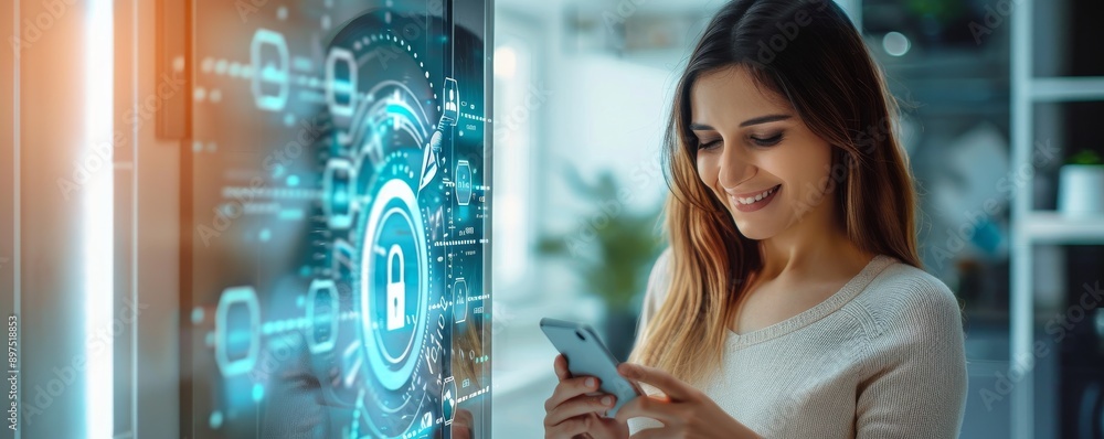Poster woman using smartphone with high-tech security interface, smiling and feeling secure