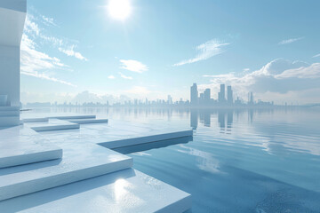 Modern buildings by the lake. The modern urban skyline is in the background.