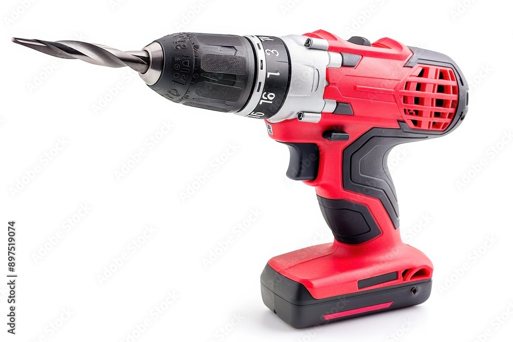 Wall mural a red cordless drill with a forstner bit attached, resting on a white surface. the drill is ready to