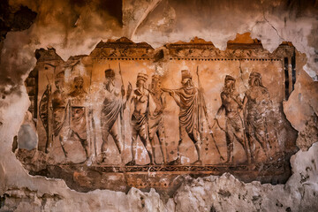 Acient Weathered Fresco Wall Painting of Classical Figures