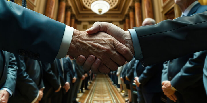 Bridge Across the Aisle: A meeting between Republican and Democratic lawmakers, shaking hands and discussing issues in a civil manner, as a reminder of the power of bipartisanship