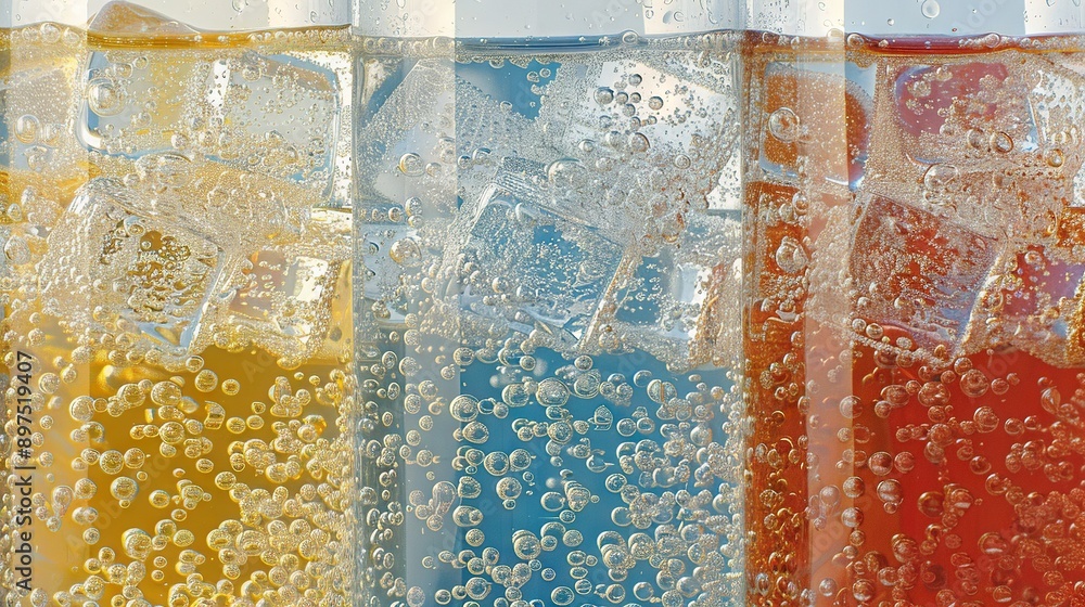 Poster a group of differently colored liquids in a glass container with ice cubes at the base