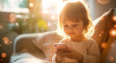 Little girl holding a phone with sunlit background, for tech promotions, family oriented apps, kids apps and digital communication ads. Child interacting with a smartphone