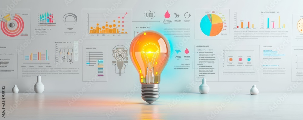 Poster innovative light bulb with data analysis charts in background representing idea generation and creat
