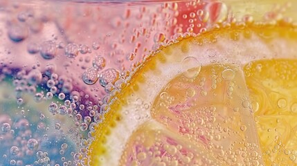   A macro shot of a lemon slice adjacent to a glass of H2O with water droplets sprinkled on it