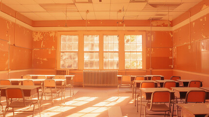 an empty classroom with desks and chairs, in the style of orange color scheme
