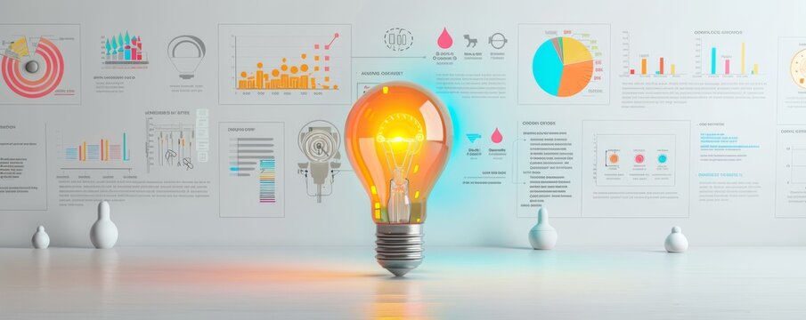 Innovative light bulb with data analysis charts in background representing idea generation and creativity